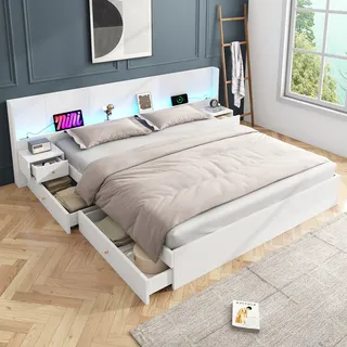 Flieks Holzbett Klassisches Bett 180x200cm mit Ladefunktion (USB & Steckdosen), Doppelbett Stauraumbett Jugendbett mit LED und 2 Schubladen, Weiß - Weiß