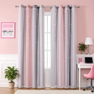 Freyamy Gardinen Rosa Grau Glänzend Sterne Vorhänge Blickdicht Kinderzimmer Halbtransparent H 200 X B 100cm Ösenvorhang 2er Set Mädchen Kindervorhänge Gardinen Verdunkelungsvorhang Wohnzimmer