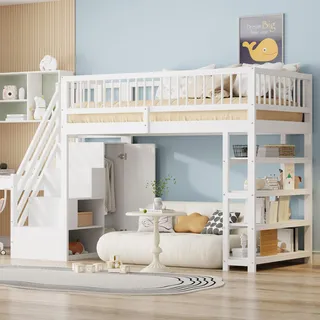 Merax Etagenbett Hochbett 90x200cm aus Massivholz mit Sicherheitsleiter, Kinderbett mit Stauraum und Schränken, Jugendbett mit Regalen und LED, Weiß - Weiß