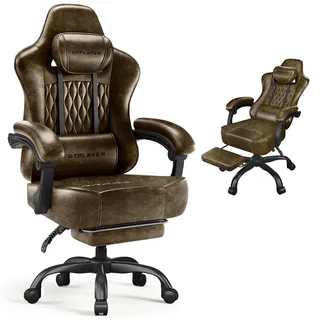 GTPLAYER GamingStuhl, Bürostuhl, Ergonomischer Pc Stuhl, Höhenverstellbarer Drehstuhl, Armlehnen mit Synchronmechanik, Lendenkissen, Kopfkissen - Braun