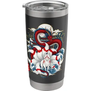Neunschwänziger Kitsune-Fuchs und Drache, japanische Doppelwandiger Edelstahl-Thermobecher