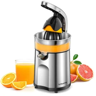 VINATO Elektrische Zitruspresse Edelstahl mit 2 Presskegeln – Automatische Orangenpresse & Zitronenpresse, Saftpresse Elektrisch mit Anti Tropf System, Leise für Maximale Saftausbeute