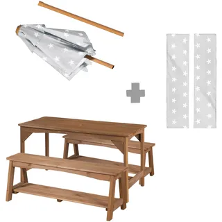 Garten-Kindersitzgruppe ROBA "Outdoor+", braun (teakfarben), Sitzmöbel-Sets, Kinder, B/H/T: 107cm x 155cm x 106cm, Massivholz, Garten-Kindersitzgruppe, Tisch und 2 Bänke mit Sitzauflage, Schirmset, B:107cm H:155cm T:106cm
