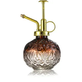 KoGiio Pflanzen Glas Sprühflasche, 240ml Retro Relief Pflanzensprüher mit Pumpe, Blumen Zerstäuber Drucksprüher für Balkon Kleiner Gartenpflanzen Indoor Haus Oder Büro Kaffeefarbe + Goldener Sprühkopf