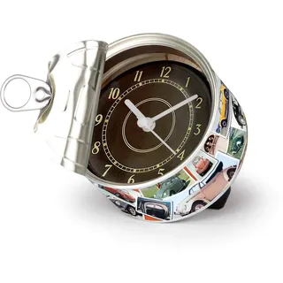 BRISA VW Collection - Käfer MyClock Tischuhr mit Magnet | Volkswagen Standuhr mit Konservendosen-Optik, Personalisierbar Batteriebetrieben Quarzuhrwerk Deko Retro, Briefmarken