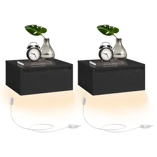 VASAGLE Nachttisch hängend 2er Set, Leuchte mit 3 Farben, schwebendes Wandregal, Schublade, 35 x 40 x 18 cm, modern, Wohnzimmer Schlafzimmer, ebenholzschwarz LET854B01