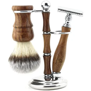 JAG SHAVING Rasierset - Nachhaltige 3-teiliges Rasierset aus Holz - Synthetikhaar Rasierpinsel - doppelkante Rasierklingen Rasierhobel - Rasierhobel Damen – und Herren – Rasierständer