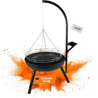 Feuerschale mit Schwenkgrill, Holzkohlegrill mit Kurbel und höhenverstellbarem Grillgitter - Schwarz