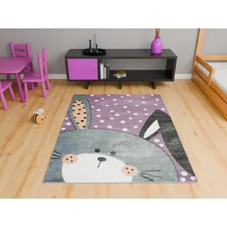 AKCILA Lima Kinderteppich Lila Grau mit Hase und Punkten 100x150 cm | Teppich für Kinderzimmer, niedliches Hasenmotiv in Pastellfarben, süßer Teppich für das Kinderzimmer mit Fußbodenheizung