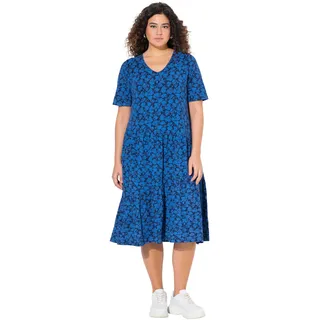 Ulla Popken Damen große Größen Übergrößen Plus Size Jerseykleid, Volants, A-Linie, V-Ausschnitt, Halbarm Pfauenblau 50+ 836102740-50+