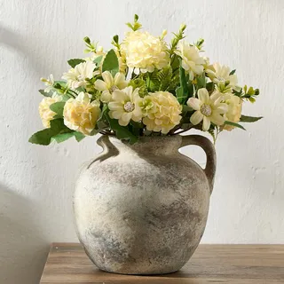 PORCER Antike Terrakotta-Vase mit Griff, 14 cm, Bauernhaus-Keramikvase, Boho-Dekor, dekorative Vase, rustikale Vase für Heimdekoration, Wohnzimmer, Tisch, Hochzeit, Used-Look, Grau
