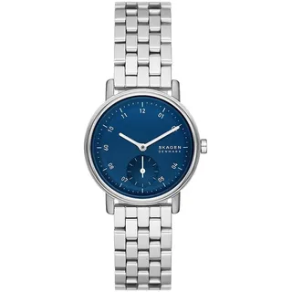 Skagen Kuppel Uhr für Damen, Quarzwerk mit Edelstahl- oder Lederarmband, Silberton und Blau, 32MM