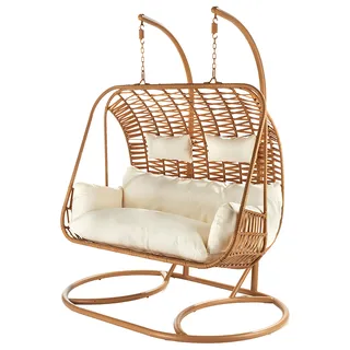 Kobolo Hängekorb Hängesessel Doppelsitzer MABURI mit Gestell Polyrattan braun für 2 Personen inkl. Kissen für Innen- und geschützten Außenbereich Korb - Beige