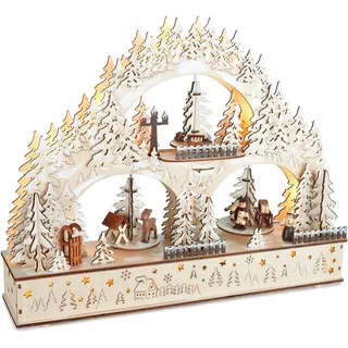 Brubaker 3D Lichterbogen - LED Schwibbogen - Winterlandschaft 2025 - Weihnachtsbeleuchtung aus Holz Natur - 37 x 46 x 10 cm - Handbemalte Figuren - Weihnachtsdeko für Tisch & Fenster