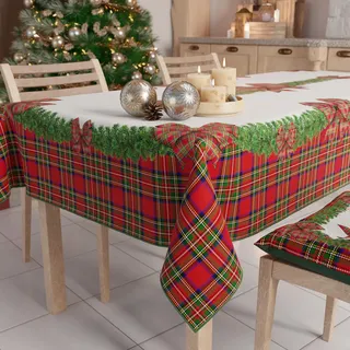 Petti - Weihnachtstischdecke Tischdecke 140 x 240 cm, rechteckig, schmutzabweisend & fleckenabweisend, Pflegeleichte Mikrofaser mit Motiv Tartan-Schleife, ideal für Advent & Weihnachten