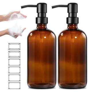 Amber Seifenspender Glas, 500ml Seifenspender Glas, 2 Stück seifenspender, Nachfüllbare glass Pumpflasche, Vintage Braune Glasflaschen mit Pumpe und Etiketten, für Küche, Bad