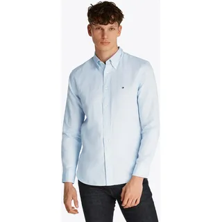Langarmhemd TOMMY HILFIGER "LINEN BLEND SOLID Regular Fit SHIRT", Herren, Gr. XL, N-Gr, blau (breezy blau), Web, Obermaterial: 52% Baumwolle, 48% Leinen, unifarben, regular fit hüftlang, Rundhals, mit Knopf,Ärmel mit Ärmelschlitz 1-Knopf-Manschette, Hemden Langarmhemd, mit Button-down-Kragen