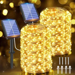 Ollny Solar Lichterkette aussen, 2x20M 200 LED lichterkette außen, 8 Modi IP65 wasserdicht Kupferdraht Lichterkette outdoor für Garten Balkon Terrasse Baum Hof Party (Warmweiß)
