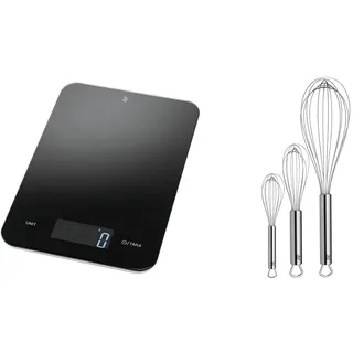 WMF Digitale Küchenwaage 23 x 15 x 2 cm, Backwaage, 5kg Maximalgewicht, schwarz & Profi Plus Schneebesen Set 3-teilig, Cromargan Edelstahl teilmattiert, Rührbesen, Quirl, spülmaschinengeeignet