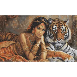 Luca-S Kreuzstich Stickpackung Gold Collection Die indische Prinzessin und der königliche Tiger, Zählmuster, Waldtiere