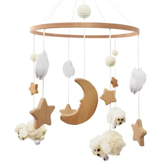 Mobile Baby Holz Schaf Babybett Mobile Baby Windspiel Beige, Wolken Mond Stern Baby Mobile Boho Bettglocke, Baby Spielzeug für mädchen oder Jungen