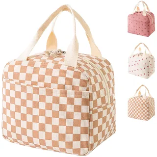 LaresDay Isolierte Lunch-Tasche aus Cord mit Thermo-Funktion | Extra Dicke Auslaufsichere Lunchbox | Große Kapazität Mittagstasche für Büro & Schule | Stylisches Design für Frauen (Kaffeeraster)