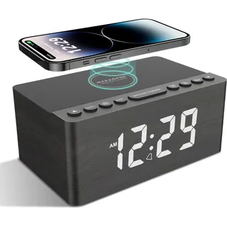 ANJANK Radiowecker Digital mit Kabelloses Laden, Fast Wireless Charger for iPhone/Android Phone,USB-Ladegerät und Dimmbares LED-Display,Netzbetrieb,Batterie Backup,Lautsprecher,Hölzerner(grau)