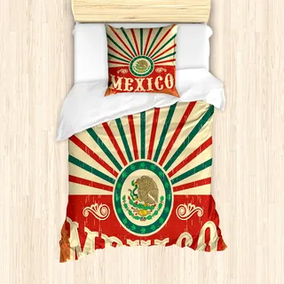 ABAKUHAUS Mexikaner Mantele, Vintage Poster-Effekt, Milbensicher Allergiker geeignet mit Kissenbezügen, 135 cm x 200 cm - 80 x 80 cm, Mehrfarbig
