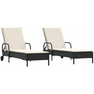 2er Set Sonnenliegen mit Auflagen Schwarz Poly Rattan Gartenliegen mit Rollen und Verstellbarer Rückenlehne Entspannungsliegen für Garten Terrasse Balkon - Schwarz