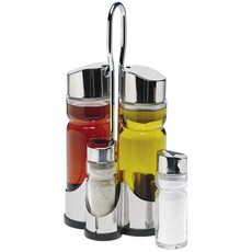 LS Kitchen - Essig und Öl Spender Set - 2 x 175 mL Glasflaschen und Metallhalterung mit Salz- und Pfefferstreuer - Edelstahl und Glas