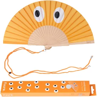 Fisura – Handfächer aus Holz mit auffälligem Augenmuster in Orange. Moderner, farbenfroher Handventilator mit stilvollem Design und praktischem Aufhänger. Maße: 42,5 x 23 cm