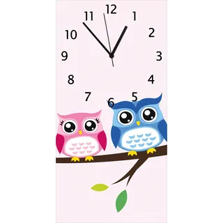 Wallario Design Wanduhr Eulenfamilie auf einem Ast Comic Stil aus Echtglas, Größe 30 x 60 cm - Weiß