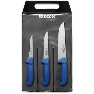 Friedr. Dick ErgoGrip Messerset 3-tlg. 13 cm Ausbeinmesser/15 cm A. Messer/21 cm Blockmesser Blau