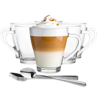 Glasmark KROSNO 1992 Latte Macchiato Gläser Mit Henkel Und Löffel 6 Stück 360 ml Transparentes Glas Kaffeetassen Cappuccino Eistee Teegläser