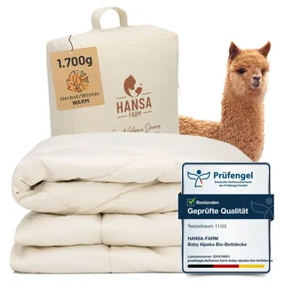 HANSA-FARM | Baby Alpaka Bio-Bettdecke 155 x 220 cm (Füllung 1.700g) - Herbst Winter warm - atmungsaktiv und temperaturausgleichend - Große Aufbewahrungstasche