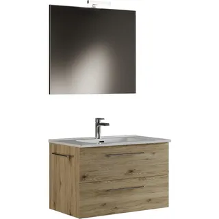 Mama Store ERA 100 100-Badezimmerschrank hängend 100 cm Natur-Eiche mit Waschbecken, Spiegel und LED-Lampe, T, Holz, Quercia Naturale, L. 101 X P. 47 X H. 53 cm