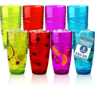 HEFTMAN Kunststoff-Becher Set aus 8-550ml Acryl-Gläser mit Wirbel-Design | stapelbar, wiederverwendbar, für Garten, Picknick, Camping, Grillen, Partys (Farbig)