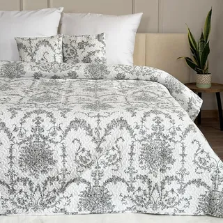 Euromat Tagesdecke Steppdecke Bettüberwurf Gesteppte Tagesdecke mit 2 Kissenbezüge 40x40 cm- (Schwarz Weiss Ornament- J-066, 180x220 cm)