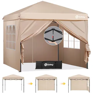Sekey Premium Pop Up Pavillon 3x3 Wasserdicht Stabil, 3 x 3 m Pavillon mit Seitenwänden, Faltpavillon Partyzelt Faltbar für Camping Party, Höhe Verstellbar 250-270cm, Khaki