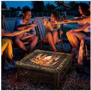 Outsunny 3-in-1 Feuerschale Feuerkorb Feuerstelle mit Funkenschutz Grillrost Eiskübel Garten BBQ Schwarz 76 x 76 x 47 cm