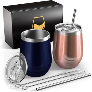 FloweryOcean Weinbecher aus Edelstahl,2 Stück 12OZ Weingläser to go,hält 5h heiß/ 10h kalt,BPA-frei,Doppelwandigen Vakuumisoliert Weinglas,Camping Geschenk für Frauen,Dunkelblau + Roségold