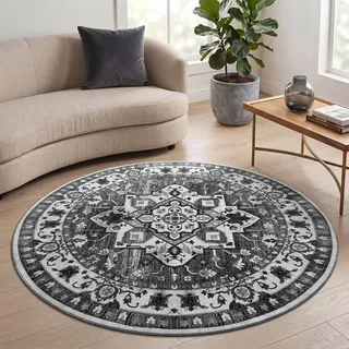 Homaxy Vintage Teppich Wohnzimmer Waschbarer 120 cm Rund, Akzent Dunkelgrau | Kurzflor Rutschfest Klein Teppiche Boho Weich Carpet für Schlafzimmer, Kinderzimmer, Küche
