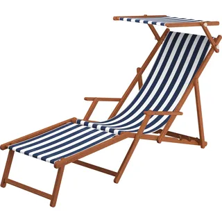Sonnenliege blau-weiß Strandliege Holzliege Buche Fußteil Sonnendach Tisch Kissen 10-317FSTKD - Blau