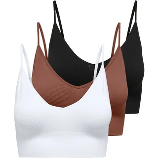 Bustier ONLY "ONLVICKY RIB S-L V-NECK 3-PACK TOP NOOS", Damen, Gr. XS, N-Gr, schwarz pack:schwarz, hellweiß, cognac, Jersey, Obermaterial: 90% Polyamid, 10% Elasthan, unifarben, figurbetont, BHs Bustier, figurbetont, modisch, Materialmix, Jersey, Spaghettiträger
