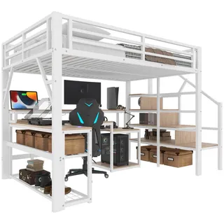 Modfu Hochbett aus Metall 140x200 cm Weiß mit LED-Lichtleiste, USB-Anschluss, Schreibtisch und Treppe mit Stauraum , 140x200 cm , Babymöbel & Kindermöbel, Kinderzimmer & Jugendzimmer, Kinderbetten, Hochbetten