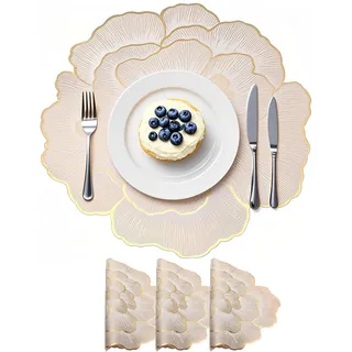 4 Stück Tischsets Platzsets, 38 cm Gold Lotus Untersetzer Teller, wasserdichte rutschfeste PVC Platzteller für Küche, Restaurant, Hotel, Hochzeitsdekoration, Party