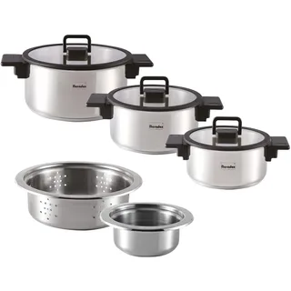Berndes stapelbares Edelstahl-Topfset 8-teilig Raumwunder l geringer Stauraum l 3x Kochtopf mit Deckel, 1x Dünsteinsatz, 1x Wasserbad oder Rührschüssel l platzsparend l Induktion
