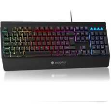 KOORUI Gaming Tastatur, Deutsches QWERTZ-Layout mit Handballenauflage Ghosting Schutz Tastaturen USB Kabel 12 Multi Media Tasten für Windows MacOS Linux -Schwarz