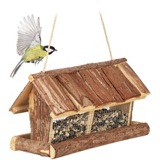 Relaxdays Vogelfutterhaus Holz, mit Futtersilo, zum Hängen, HBT 19 x 31,5 x 16 cm, Futterspender Kleinvögel, Natur