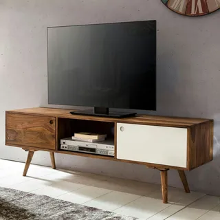 FineBuy TV Lowboard 140 cm Massiv Holz Sheesham Landhaus 2 Türen - Fach, HiFi Regal 4 Füße, Fernseher Kommode Vintage